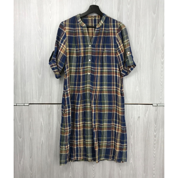 J. Mclaughlin Riviera Dress Small Navy-Brown Plaid Pintuck Linen Casual Pockets - Picture 1 of 11